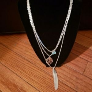 BOHO Beaded Feather Layered Necklace Silver